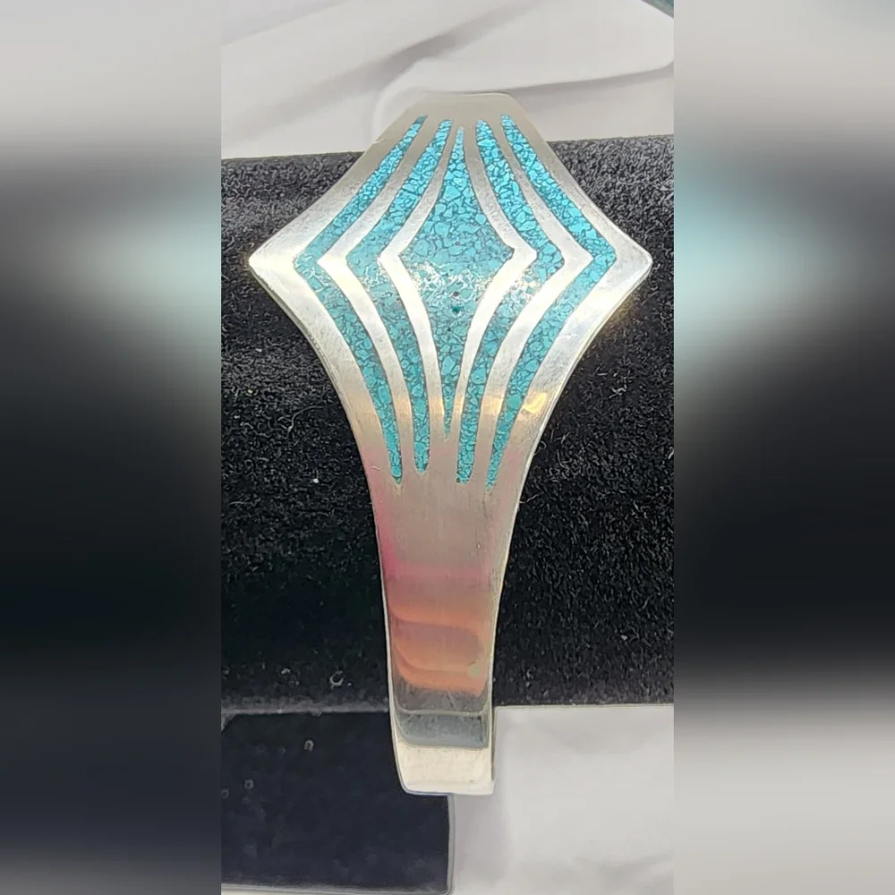 Vintage Sterling Silver Taxco Cuff Bracelet with turquoise inlay.